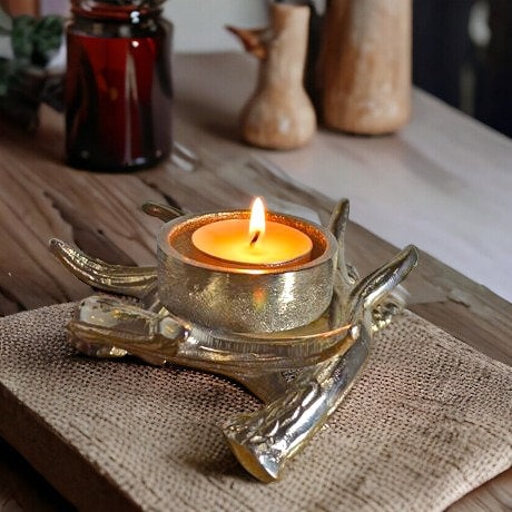 Artisanal Silver Antler Tea Light Holder – Handcrafted Metal Candle Accent, Rustic Elegance, Perfect for Home Ambiance & Special Occasions