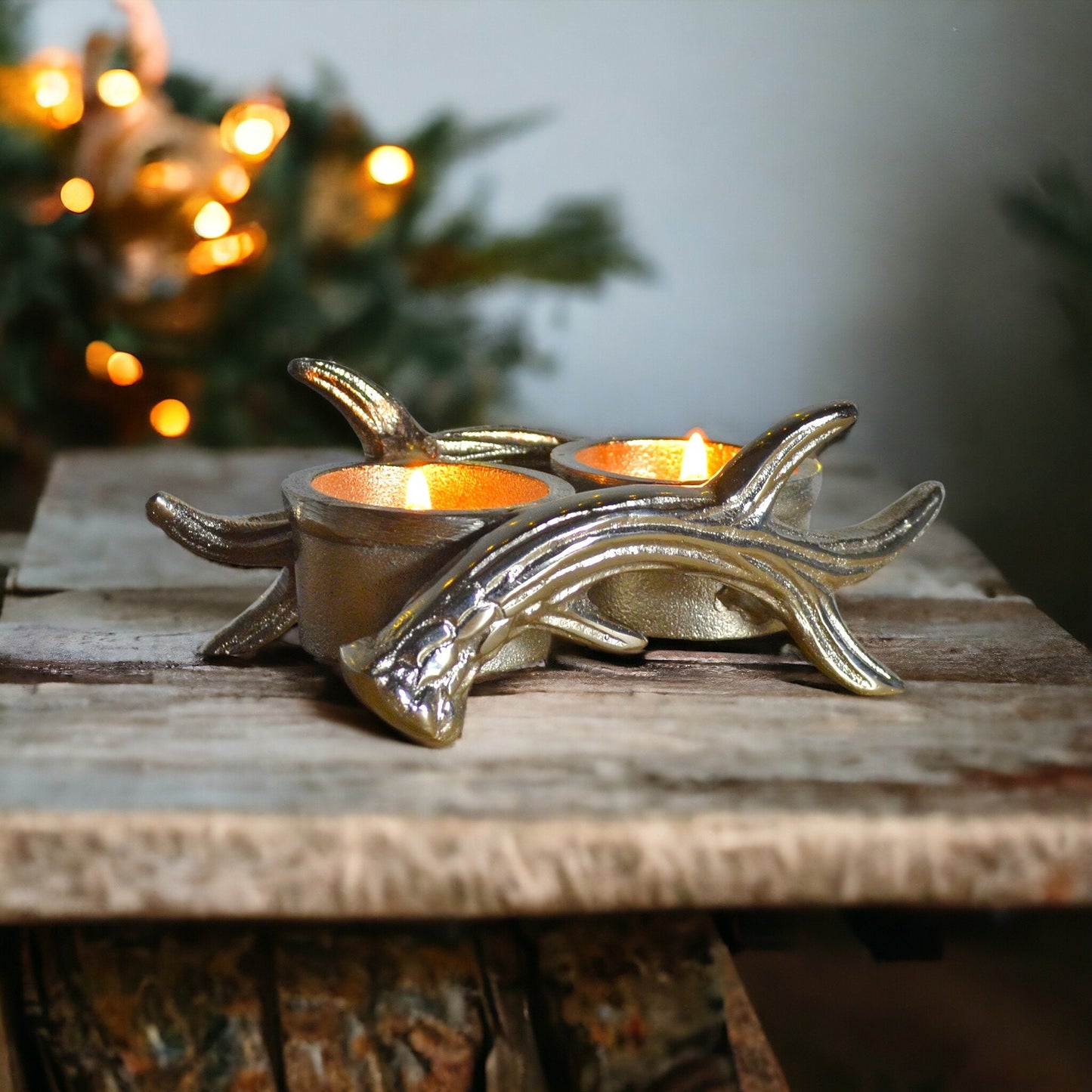 Elegant Dual Silver Antler Tea Light Holder – Contemporary Metal Candle Accessory, Chic Home Decor, Perfect for Romantic Evenings