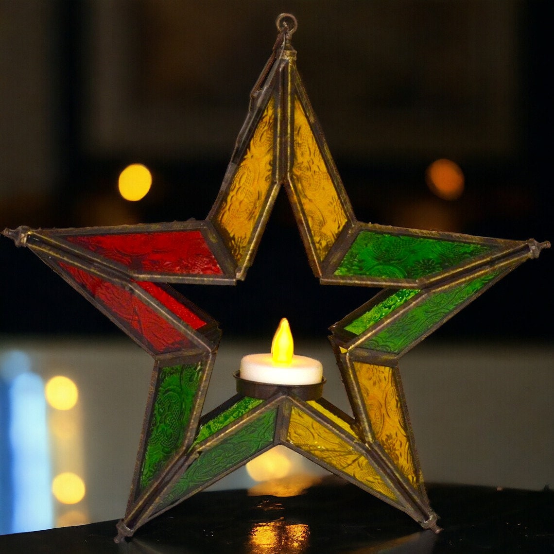 Moroccan Star Lantern - Decorative Iron Tea Light Holder, Vibrant Hanging Garden Accent, Artisan Crafted Candle Starlight, Home Decor-Osiris Craftworks