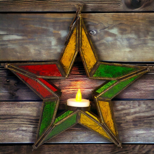 Moroccan Star Lantern - Decorative Iron Tea Light Holder, Vibrant Hanging Garden Accent, Artisan Crafted Candle Starlight, Home Decor-Osiris Craftworks