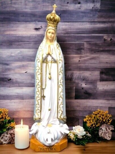 Elegant Our Lady of Fatima Statue - Religious Figurine with Gold Accents - Serene Madonna Sculpture - Spiritual Decor for Home and Chapel