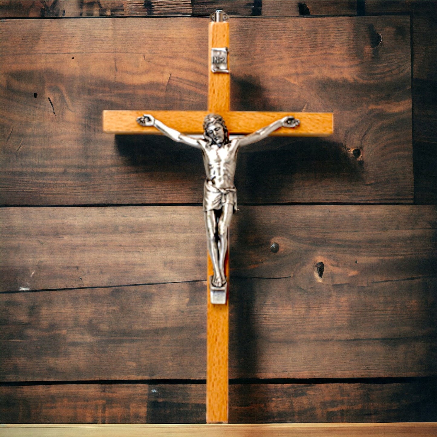 Wall-Mounted Crucifix | Beachwood and Silver Metal | Spiritual Christian Home Decor | Religious Symbol | Traditional Church Art