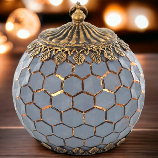 Moroccan LED Glass Lantern | Grey Geometric Honeycomb Pattern | Decorative Metal Accents | Battery Operated Lighting | Ambient Home Decor