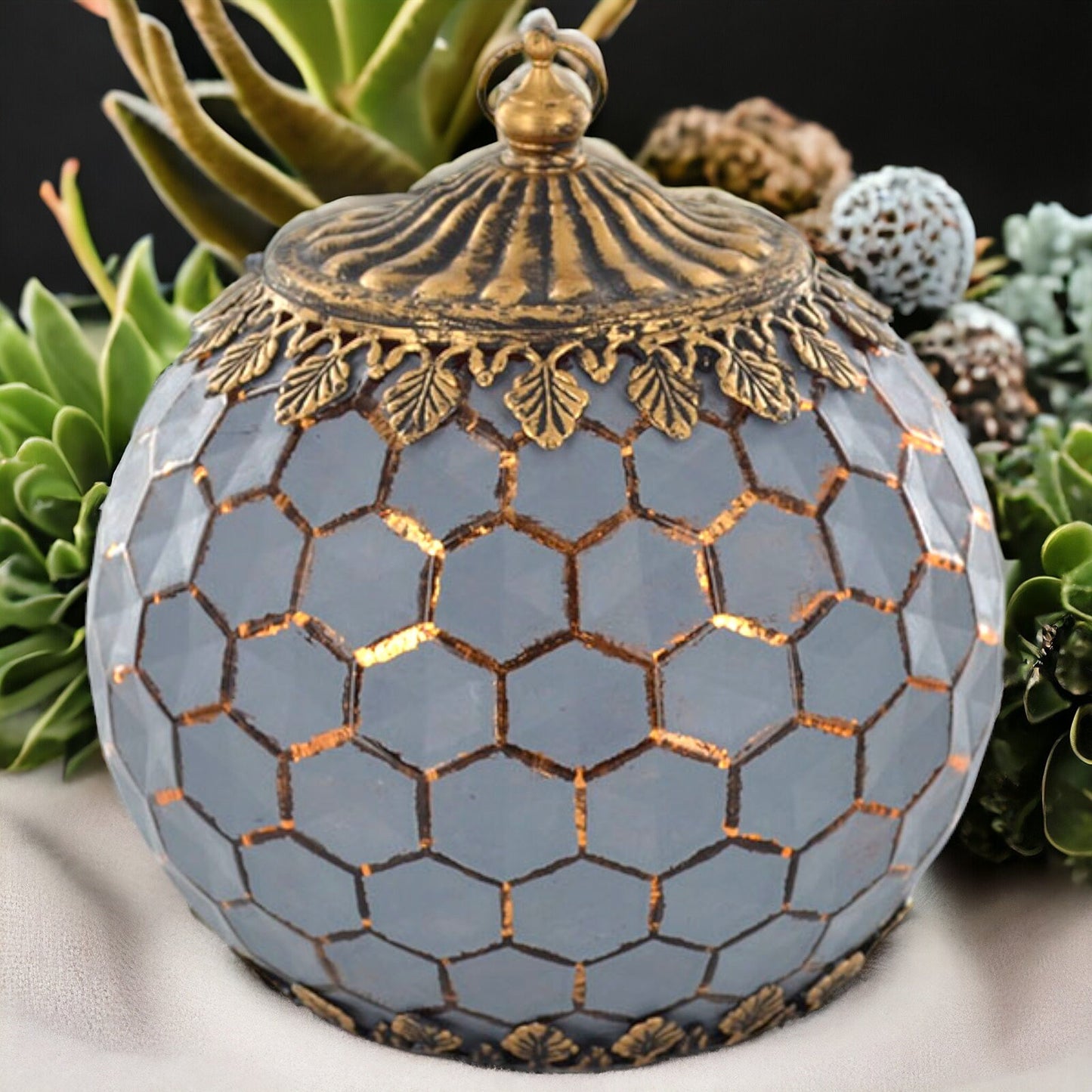 Moroccan LED Glass Lantern | Grey Geometric Honeycomb Pattern | Decorative Metal Accents | Battery Operated Lighting | Ambient Home Decor