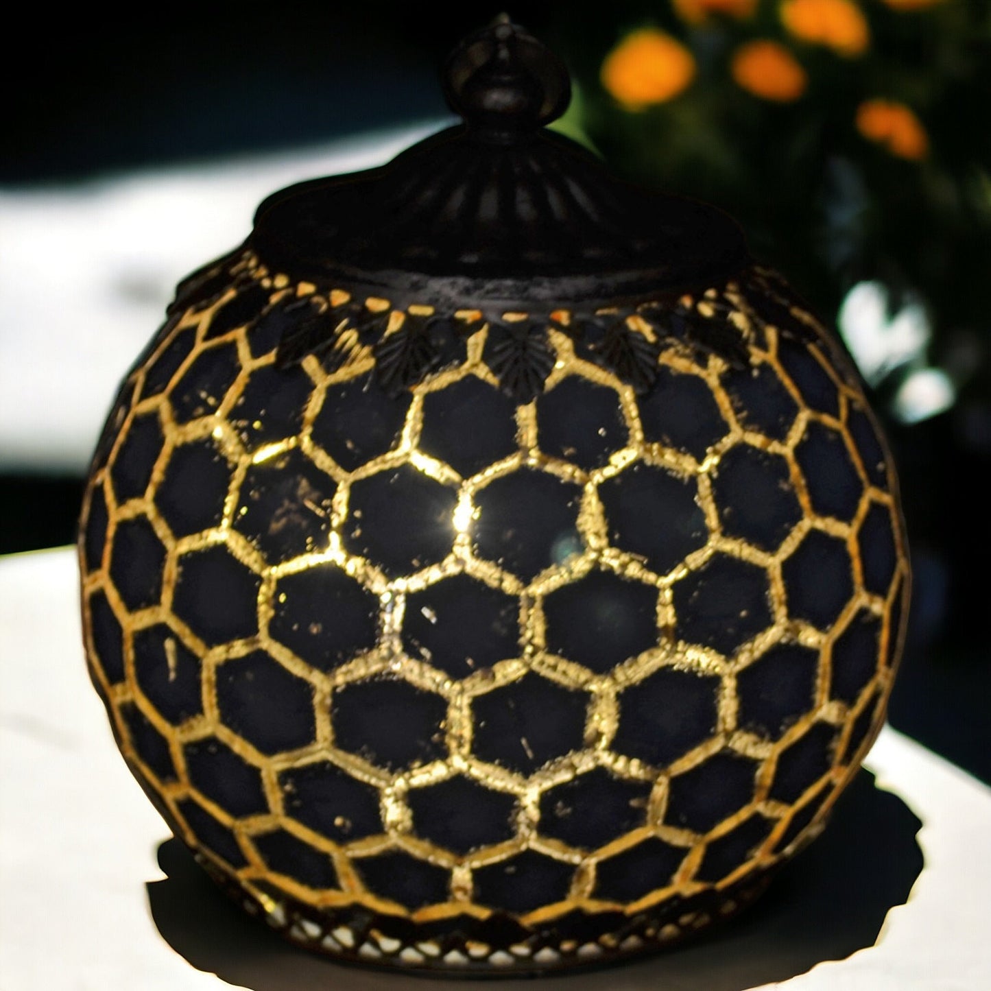 Moroccan LED Glass Lantern | Grey Geometric Honeycomb Pattern | Decorative Metal Accents | Battery Operated Lighting | Ambient Home Decor