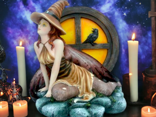 Mystical Enchantress and Raven Figurine - Witch Statue, Majestic Sorceress with Crow Companion, Magical Witchcraft Decor, Fantasy Ornament-Osiris Craftworks