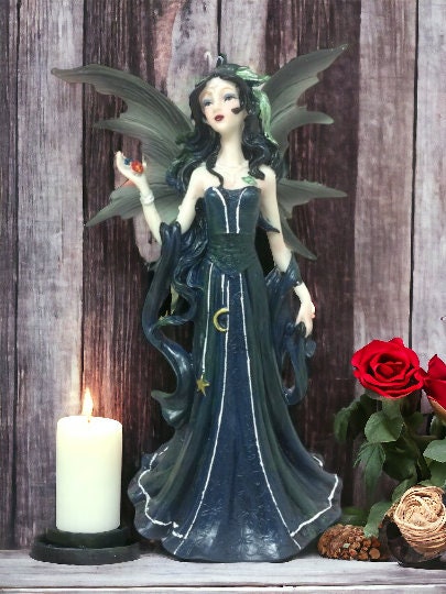 Mystic Midnight Fairy Figurine, Enchanted Fantasy Faerie Statue, Mythical Creature Decor, Starry Night Sorceress, Ethereal Home Ornament-Osiris Craftworks