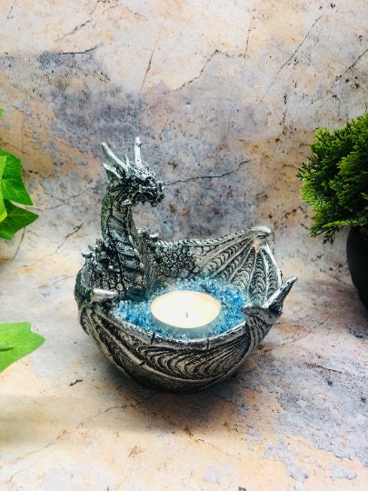 Silver Dragon Candle Holder Gothic Home Decor Figurine Hand Made from Quality Designer Resin and Finished with a Metallic Effect-Osiris Craftworks