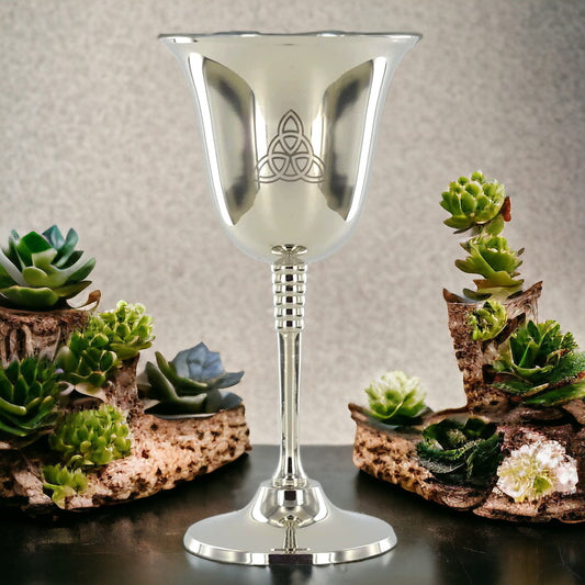 Elegant Silver Metal Goblet with Triquetra Celtic Symbol | Wiccan Altar Chalice | Pagan Ritual Cup Spiritual Decor | Mystic Drinking Vessel-Osiris Craftworks