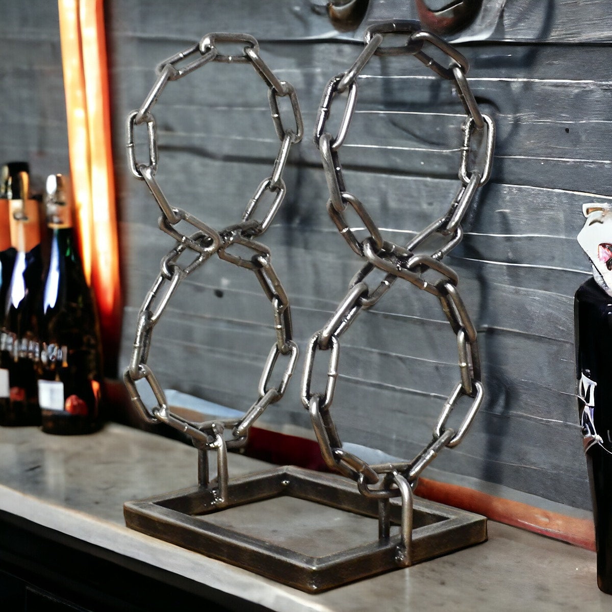 Unique Handcrafted Metal Chain Wine Bottle Holder | Artistic Tabletop Wine Rack | Modern Industrial Décor | Elegant Gift for Wine Lovers