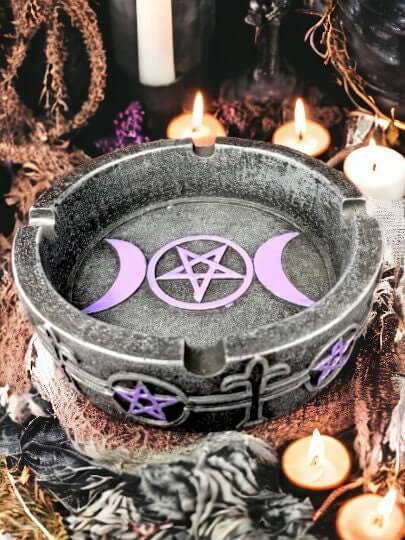 Triple Moon Pentagram Ashtray, Occult Ritual Burner, Pentacle Goddess Altar Piece, Wiccan Ceremony Accessory, Mystical Witchcraft Ornament-Osiris Craftworks