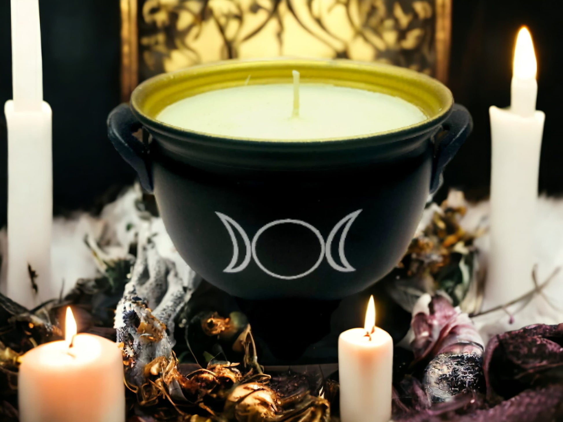 Triple Moon Goddess Cauldron Candle, Wiccan Altar Piece, Soya Wax Pagan Symbol, Mystical Wicca Decor, Enchanted Witchcraft Altar Candle-Osiris Craftworks