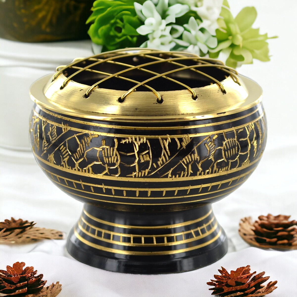 Engraved Metal Incense Burner | Handcrafted Aromatic Holder | Exotic Home Decor Ritual Burner | Mystical Aromatherapy Accessory