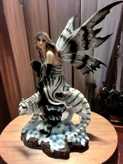 Fairy Resting on White Tiger Companion Figurine Fantasy Fairies Sculpture Hand Made from Quality Designer Resin-Osiris Craftworks