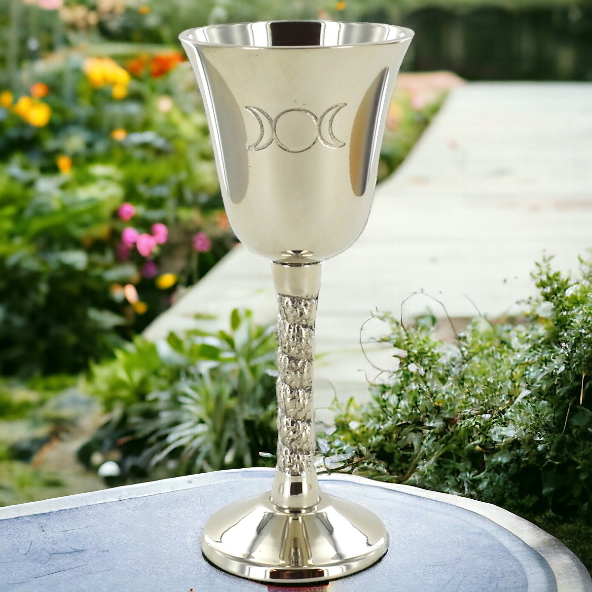 Silver Triple Moon Goddess Goblet Metallic Ritual Cup, Wiccan Altar Supplies, Pagan Drinkware, Esoteric Ceremonial Chalice, Moon Phase Decor-Osiris Craftworks