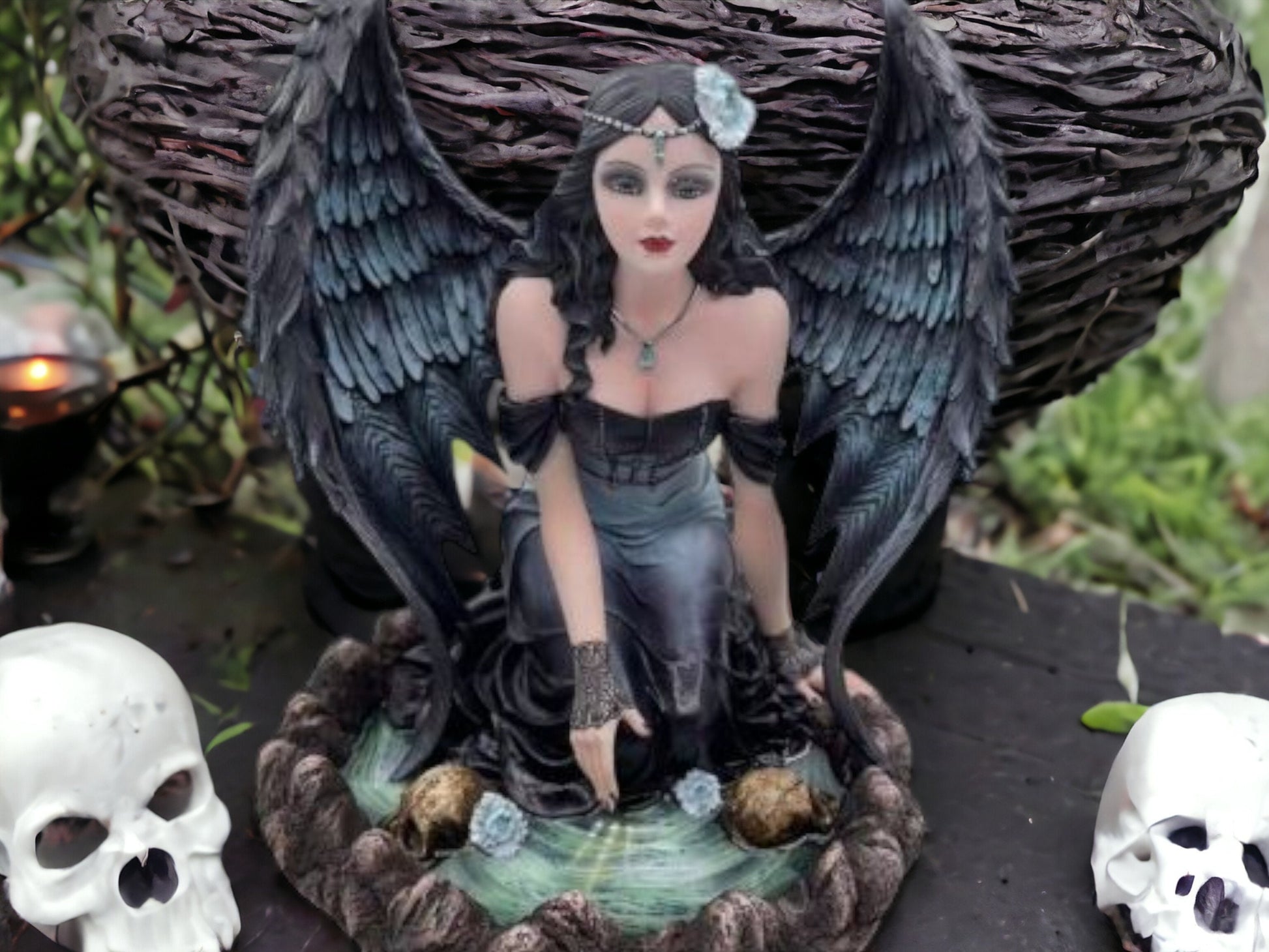 Enigmatic Dark Angel Resin Figurine, Gothic Fantasy Sculpture, Dramatic Black Winged Angel, Mystical Home Decor, Elegant Guardian Angel-Osiris Craftworks