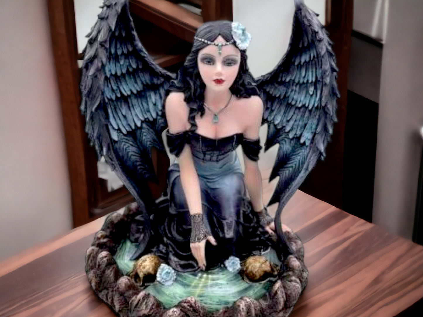 Enigmatic Dark Angel Resin Figurine, Gothic Fantasy Sculpture, Dramatic Black Winged Angel, Mystical Home Decor, Elegant Guardian Angel-Osiris Craftworks