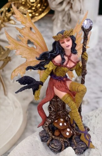 Autumn Enchantress Fairy with Raven Companion Figurine, Mystical Forest Decor, Sorceress Statue, Unique Fantasy Art, Gothic Home Accent-Osiris Craftworks