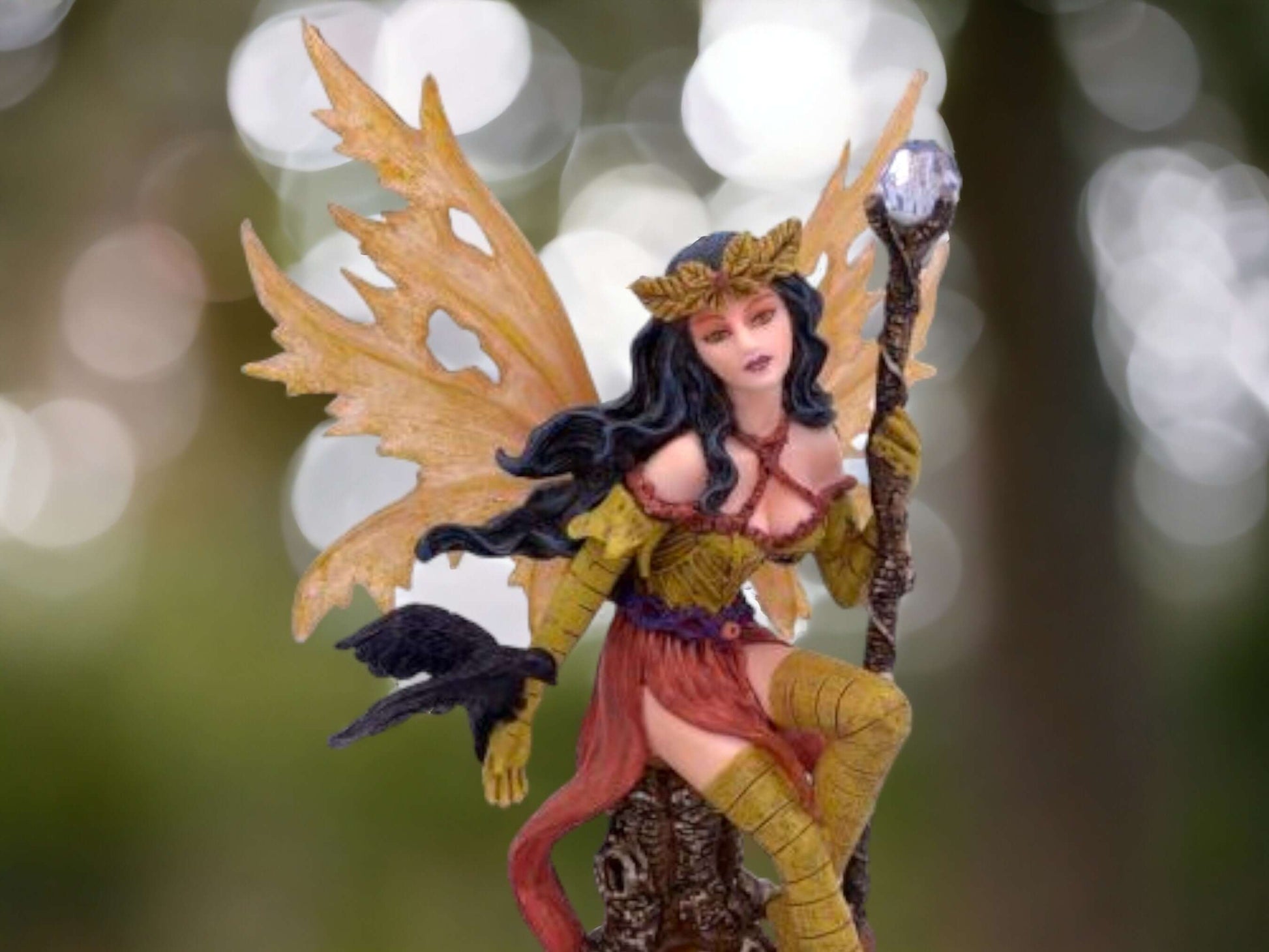 Autumn Enchantress Fairy with Raven Companion Figurine, Mystical Forest Decor, Sorceress Statue, Unique Fantasy Art, Gothic Home Accent-Osiris Craftworks