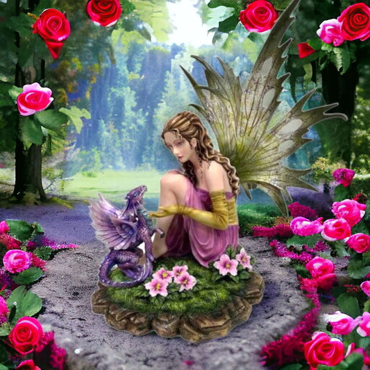 Enchanted Forest Fairy with Purple Dragon Figurine, Resin Sculpture, Magical Friendship Statue, Blossoming Fantasy Art Mystical Dragon Decor-Osiris Craftworks