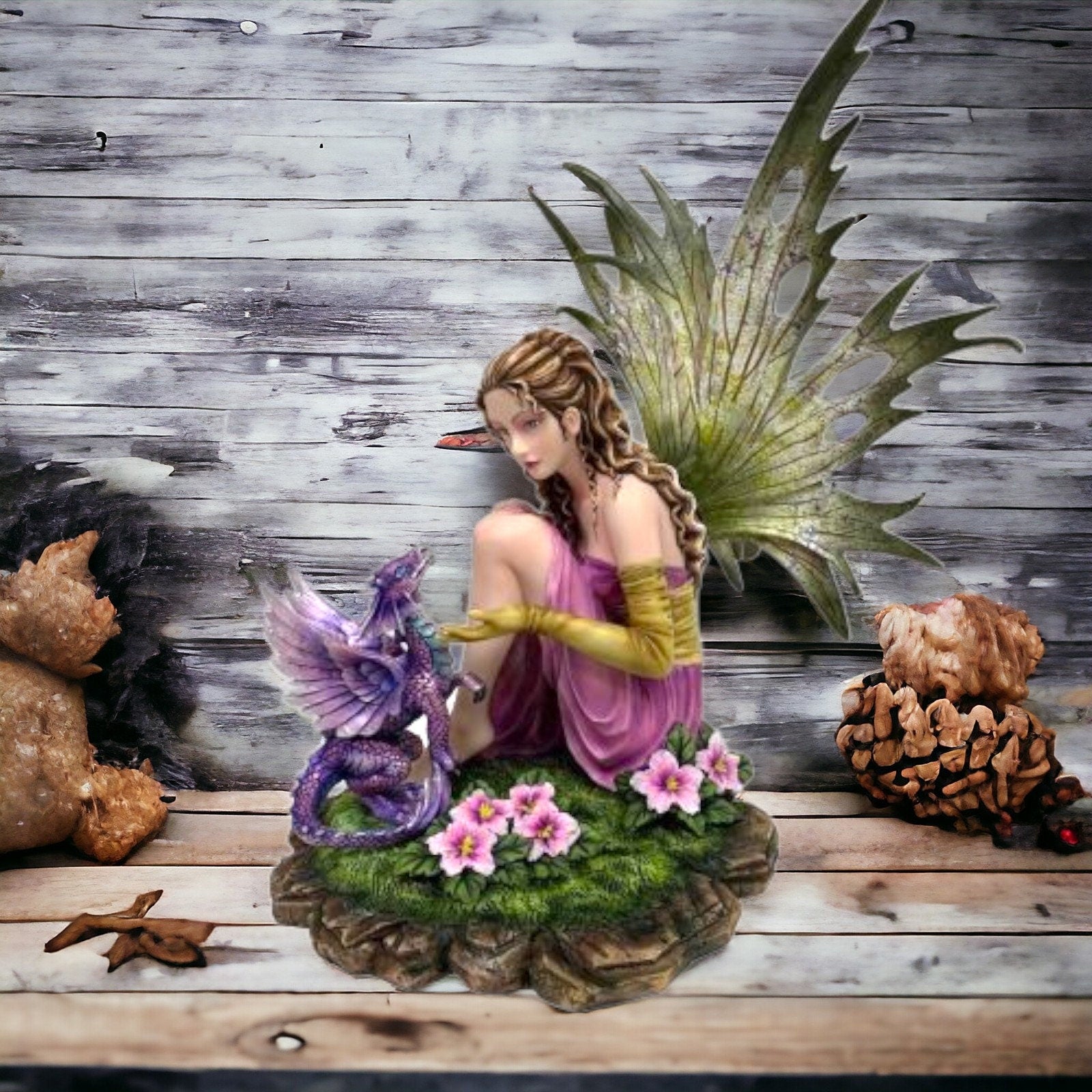 Enchanted Forest Fairy with Purple Dragon Figurine, Resin Sculpture, Magical Friendship Statue, Blossoming Fantasy Art Mystical Dragon Decor-Osiris Craftworks