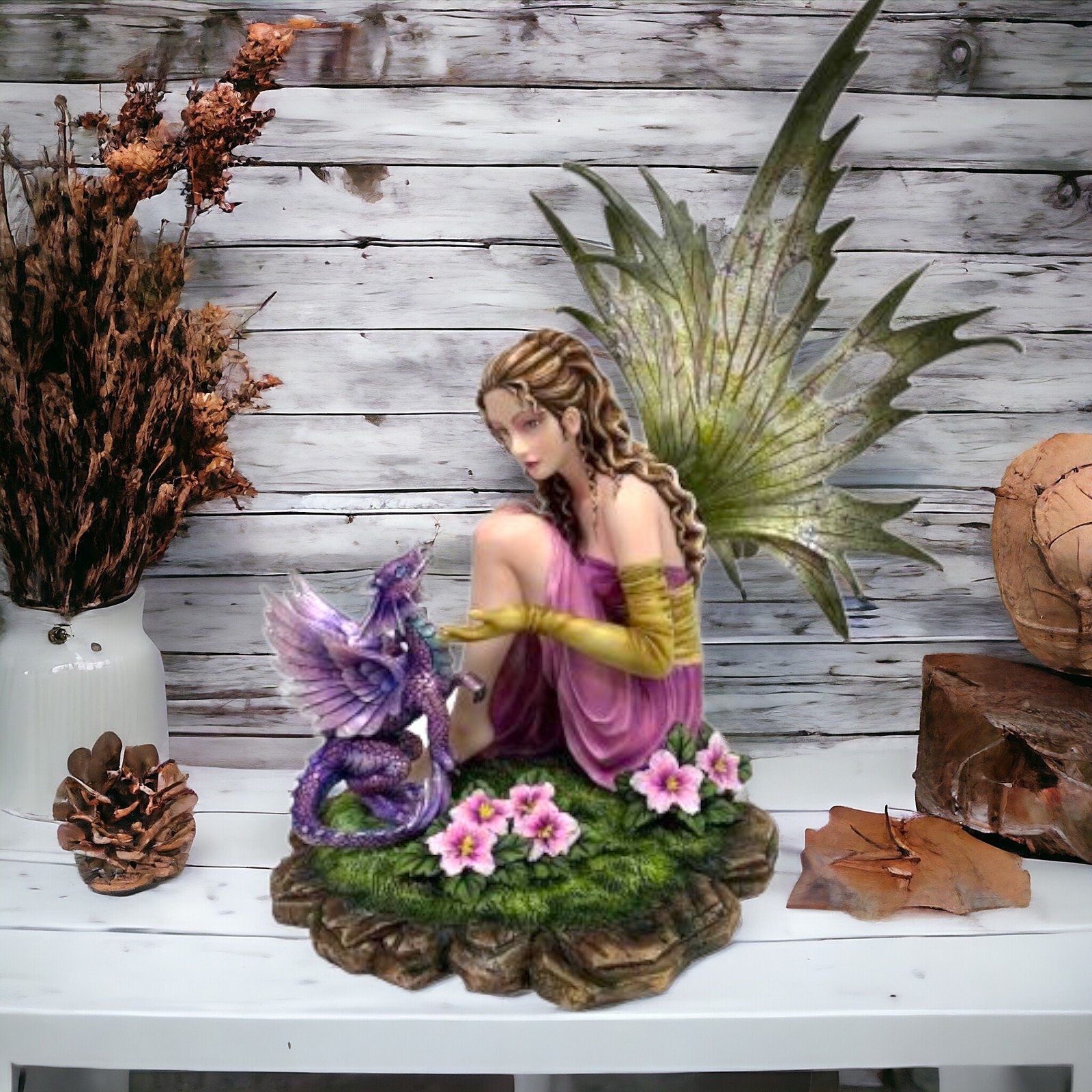 Enchanted Forest Fairy with Purple Dragon Figurine, Resin Sculpture, Magical Friendship Statue, Blossoming Fantasy Art Mystical Dragon Decor-Osiris Craftworks