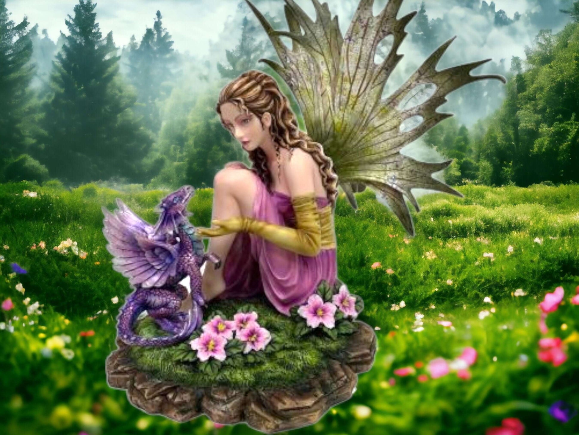 Enchanted Forest Fairy with Purple Dragon Figurine, Resin Sculpture, Magical Friendship Statue, Blossoming Fantasy Art Mystical Dragon Decor-Osiris Craftworks