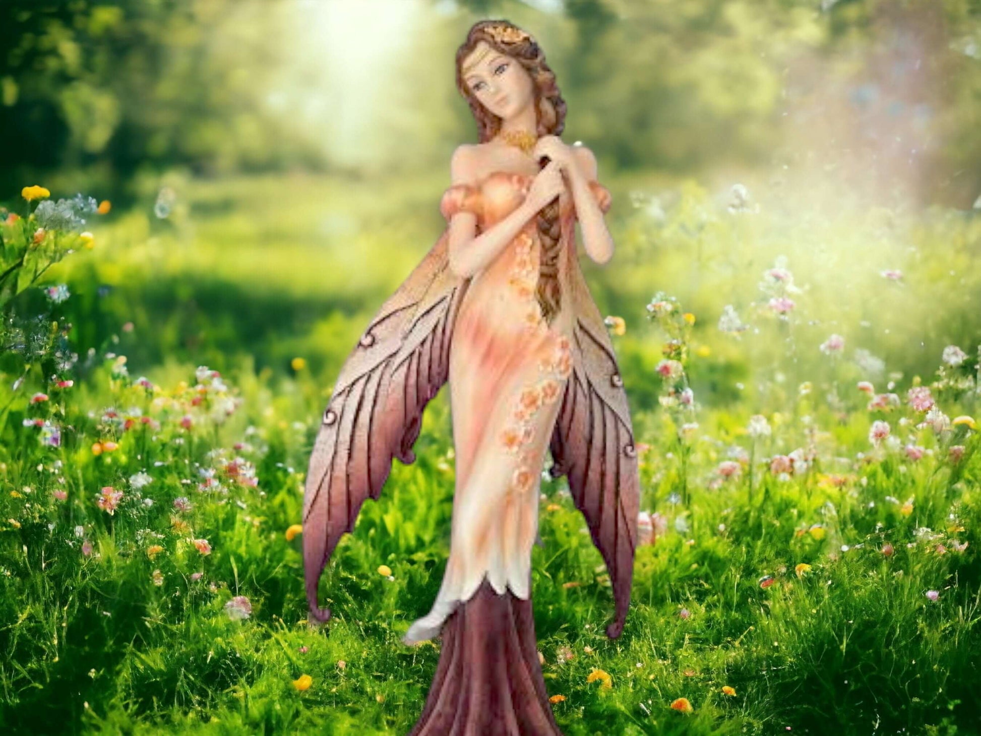 Enchanted Autumn Fairy Statue, Graceful Figurine with Golden Wings, Elegant Fantasy Decor, Mystical Forest Nymph, Hand-Painted Collectible-Osiris Craftworks