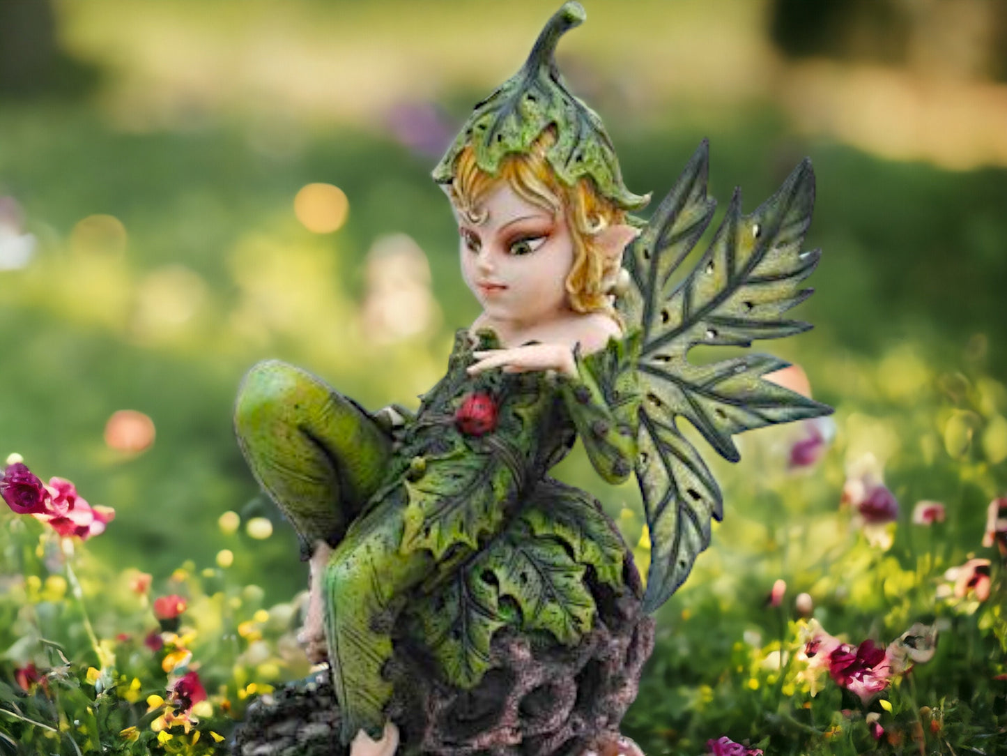 Enchanted Forest Leaf Fairy Statue, Woodland Sprite Figurine, Green Winged Fairy, Captivating Fae Fantasy Art, Whimsical Faerie Sculpture-Osiris Craftworks