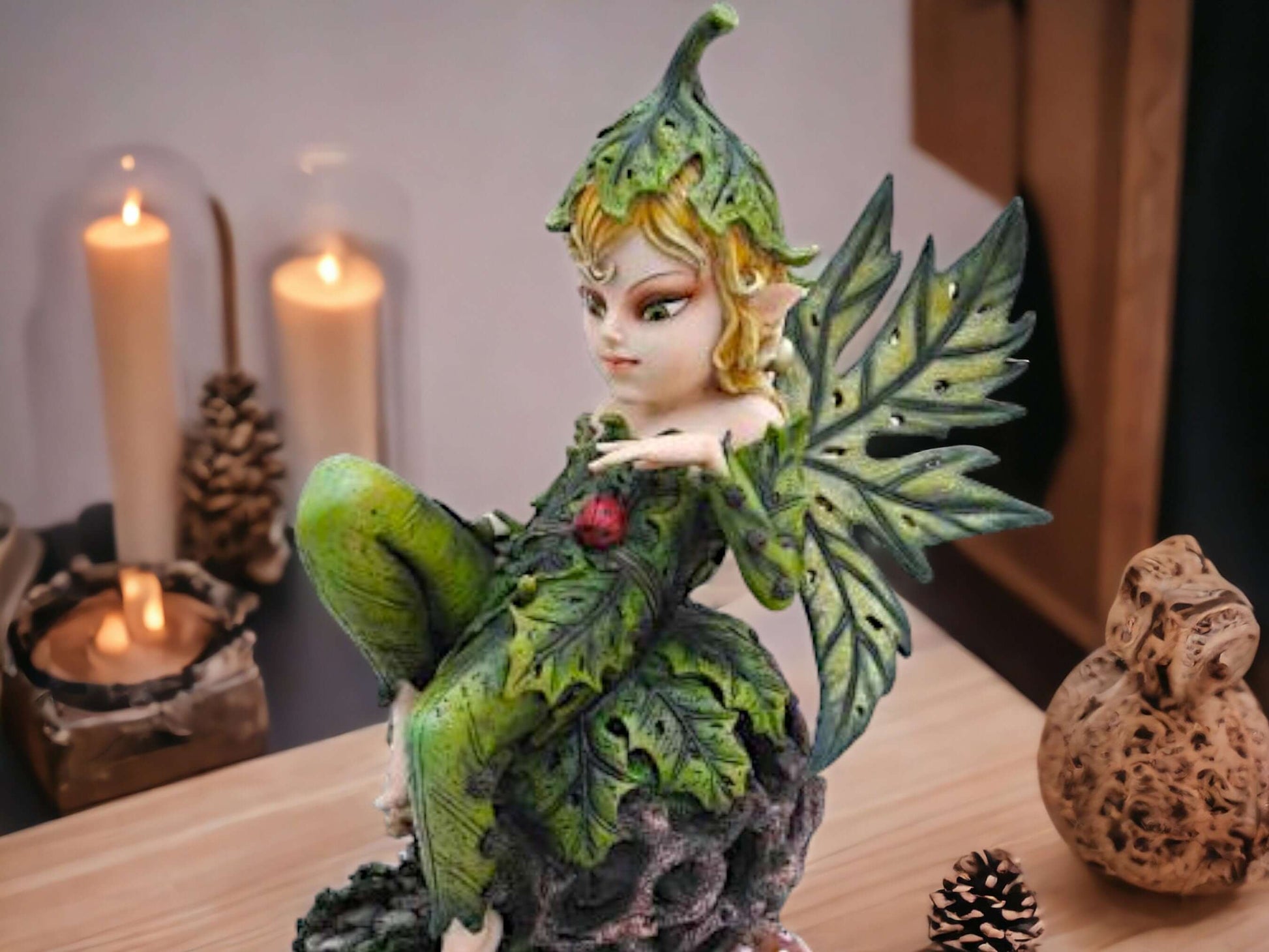 Enchanted Forest Leaf Fairy Statue, Woodland Sprite Figurine, Green Winged Fairy, Captivating Fae Fantasy Art, Whimsical Faerie Sculpture-Osiris Craftworks