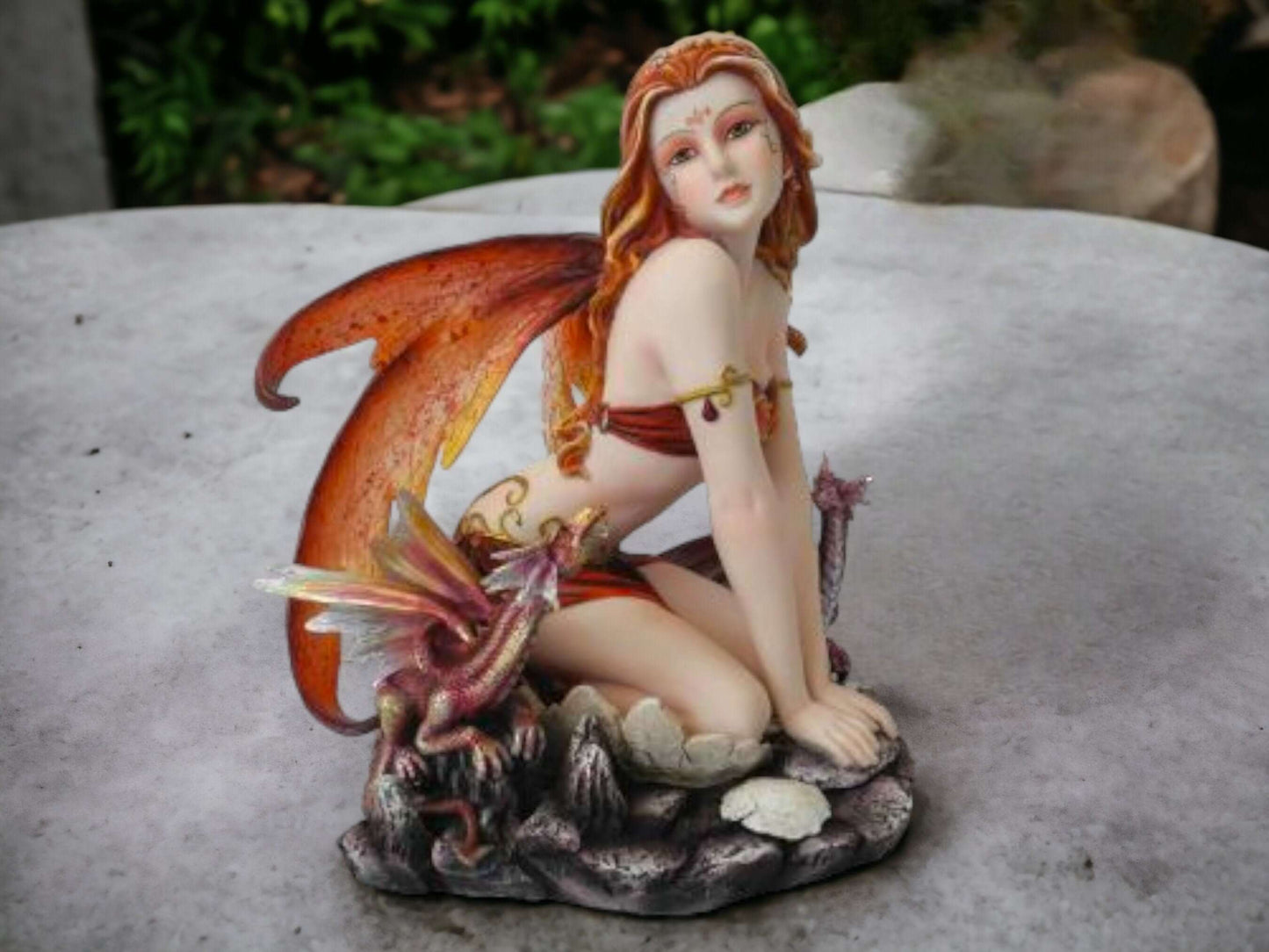 Autumn Flame Fairy and Dragon Companion Statue, Enchantress Figurine, Mythical Creature Duo, Fantasy Decor, Enchanted Sorceress Sculpture