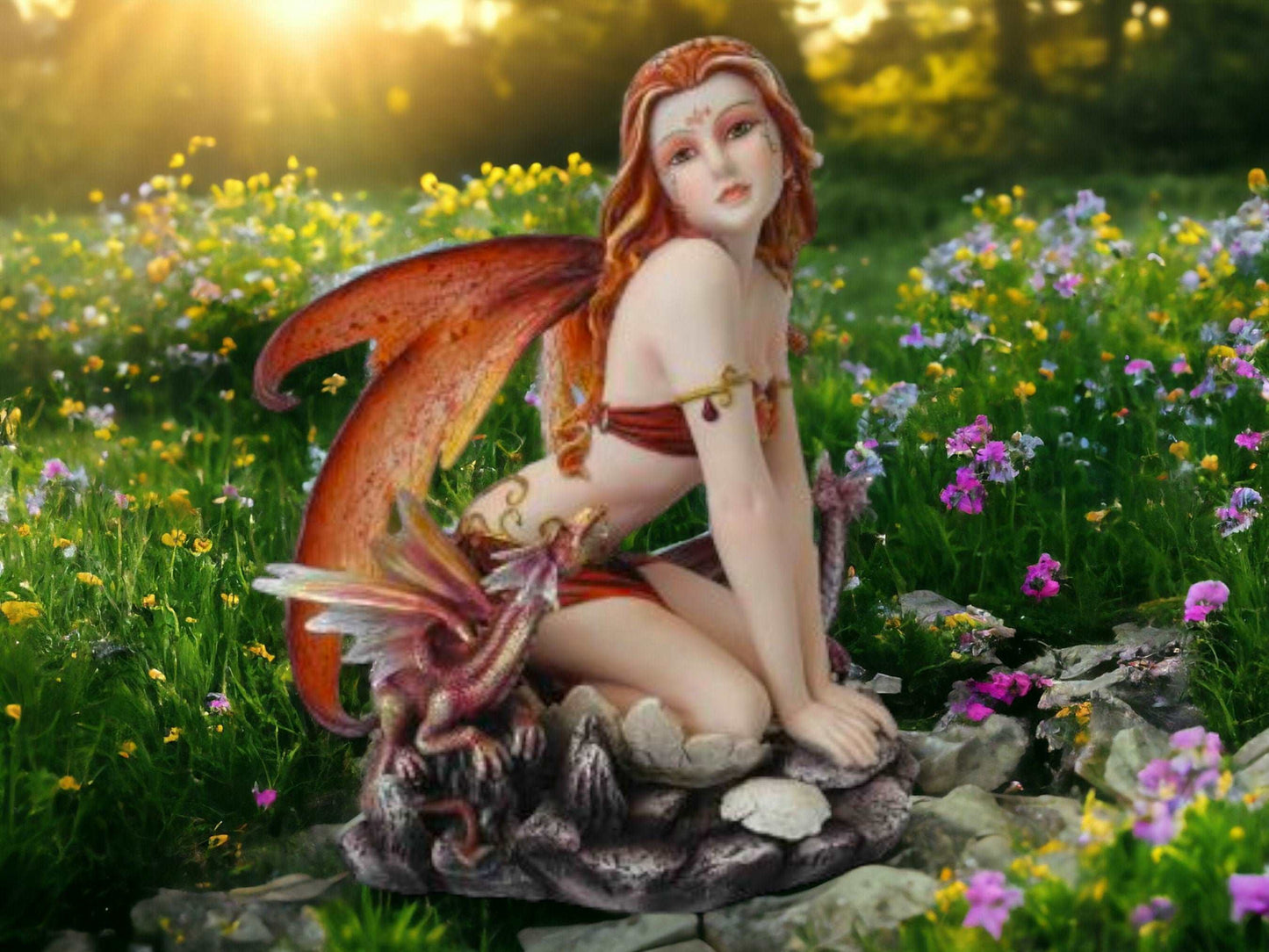 Autumn Flame Fairy and Dragon Companion Statue, Enchantress Figurine, Mythical Creature Duo, Fantasy Decor, Enchanted Sorceress Sculpture