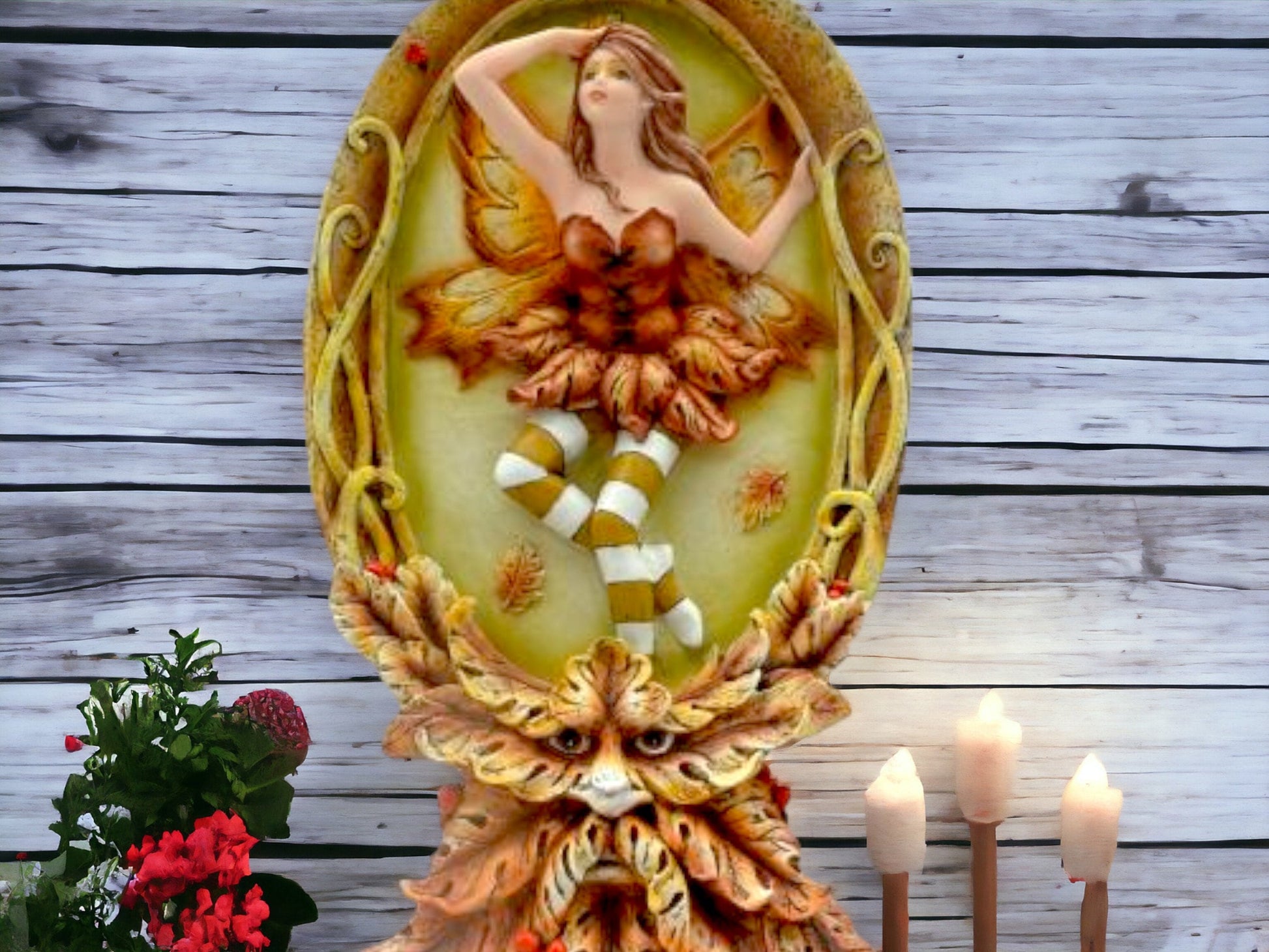 Harvest Fairy and Green Man Figurine, Autumnal Spirit Statue Woodland Nymph with Autumn Guardian, Enchanted Forest Decor Mystical Faerie Art-Osiris Craftworks