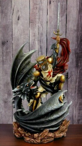 Valiant Templar Knight vs Dragon Statue, Medieval Battle Sculpture, Gothic Home Accent, Legendary Figurine, Epic Tabletop Display-Osiris Craftworks