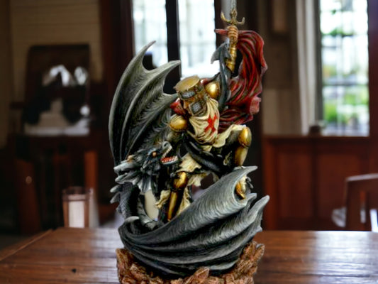 Valiant Templar Knight vs Dragon Statue, Medieval Battle Sculpture, Gothic Home Accent, Legendary Figurine, Epic Tabletop Display-Osiris Craftworks