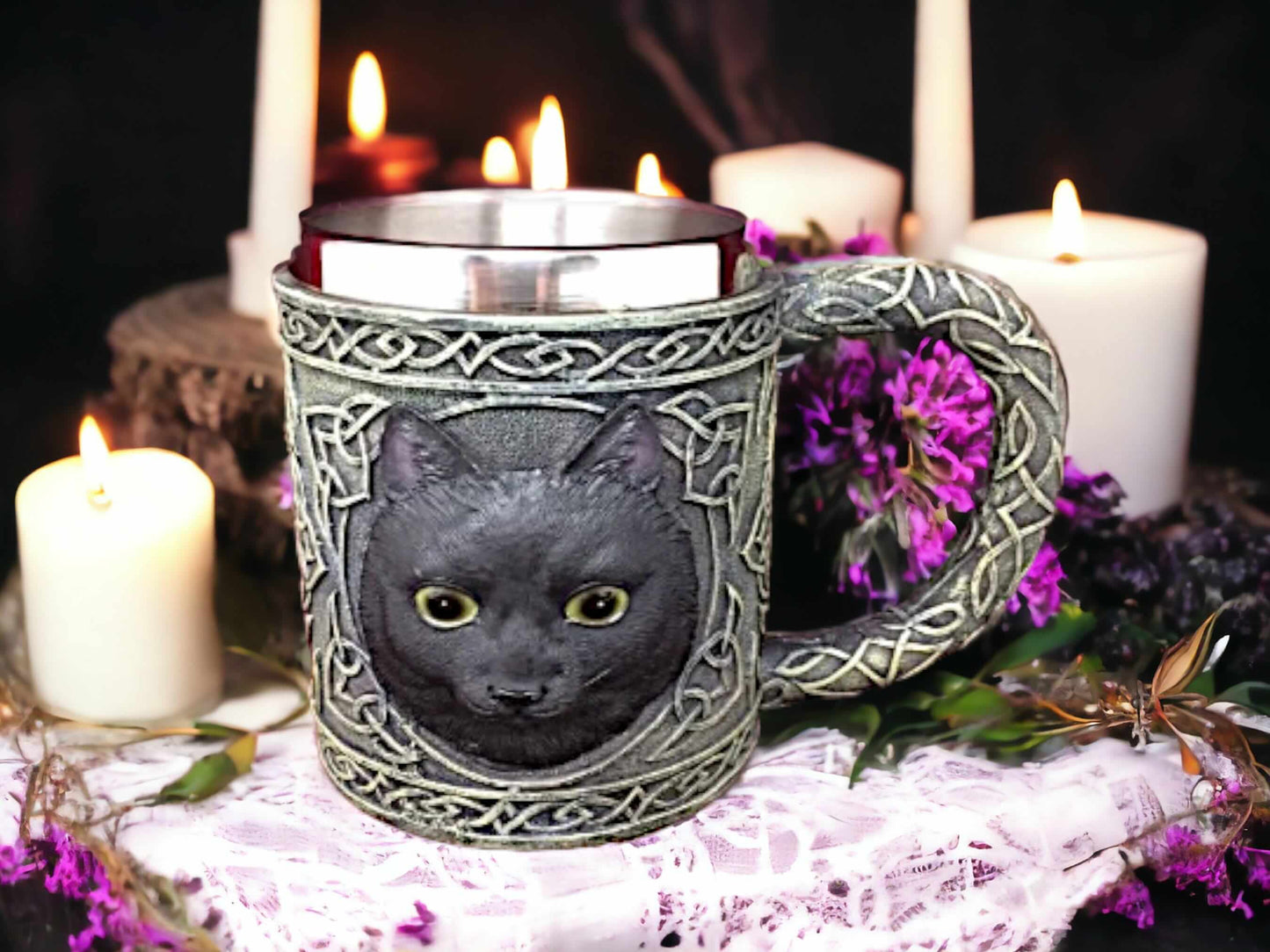 Enigmatic Black Cat Tankard Mug, Gothic Wiccan Beer Stein Pagan Drinkware, Mystical Feline Ornament, Celtic Knotwork, Unique Cat Lover Gift-Osiris Craftworks