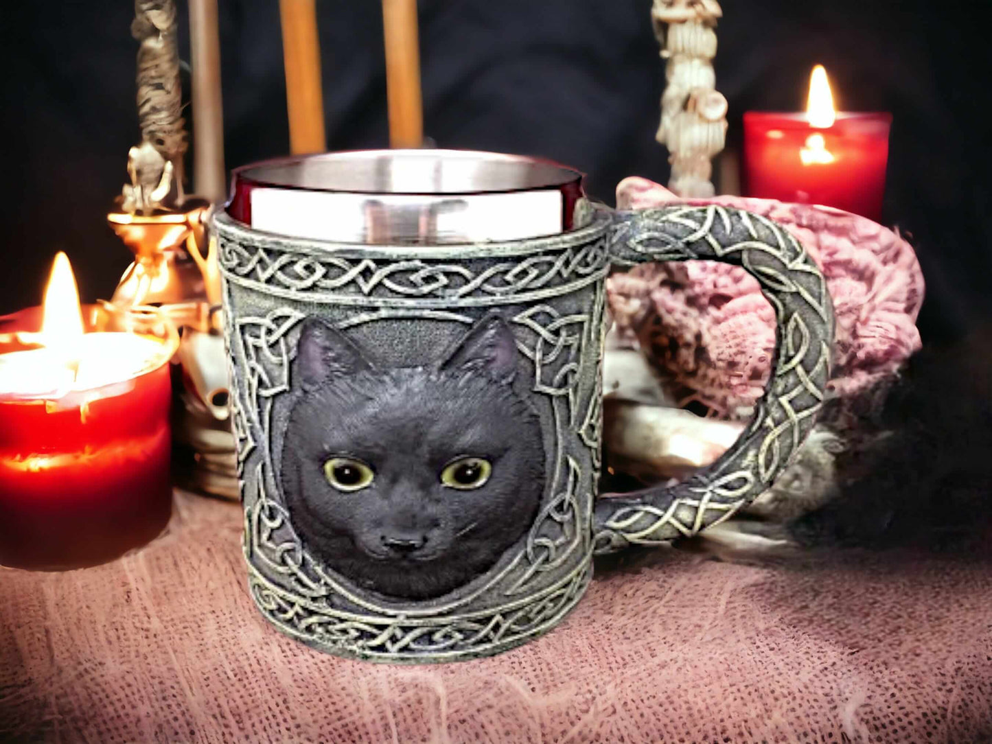 Enigmatic Black Cat Tankard Mug, Gothic Wiccan Beer Stein Pagan Drinkware, Mystical Feline Ornament, Celtic Knotwork, Unique Cat Lover Gift-Osiris Craftworks