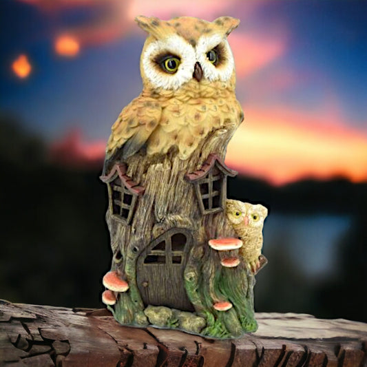 Enchanted Owl House LED Light Statue, Whimsical Owl and Chick Nightlight, Mystical Forest Figurine Home Decor, Magical Illuminated Ornament