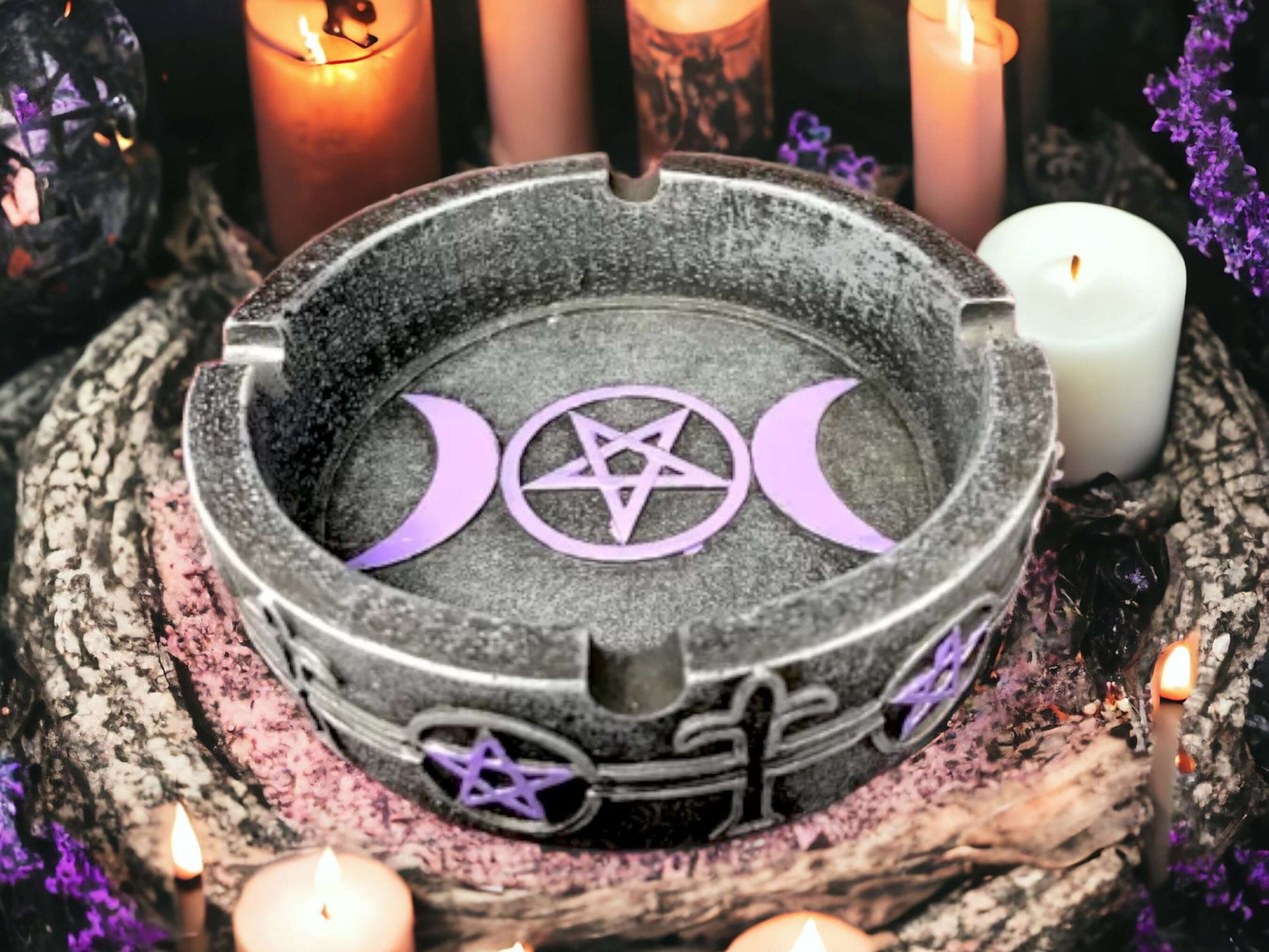 Triple Moon Pentagram Ashtray, Occult Ritual Burner, Pentacle Goddess Altar Piece, Wiccan Ceremony Accessory, Mystical Witchcraft Ornament-Osiris Craftworks