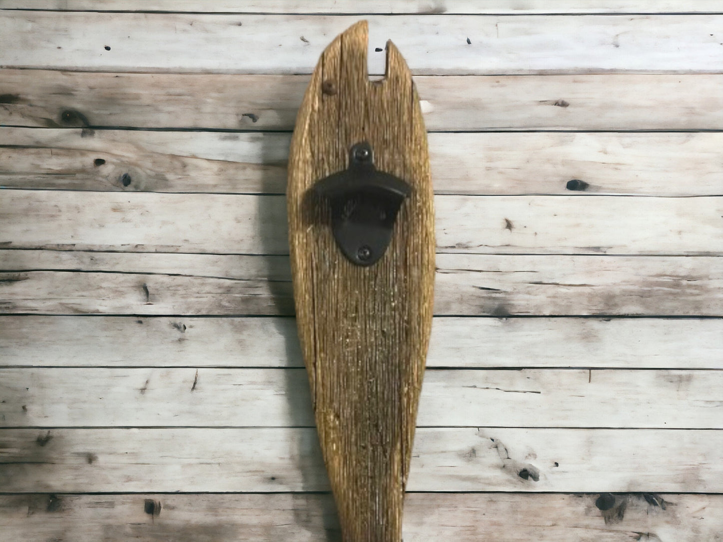 Rustic Reclaimed Wood Fish Bottle Opener Wall Decor, Nautical Coastal Chic Bar Accessory, Ready-to-Hang Indoor Fishing Themed Beer Opener