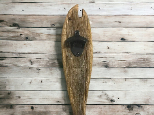 Rustic Reclaimed Wood Fish Bottle Opener Wall Decor, Nautical Coastal Chic Bar Accessory, Ready-to-Hang Indoor Fishing Themed Beer Opener