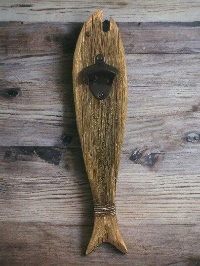 Rustic Reclaimed Wood Fish Bottle Opener Wall Decor, Nautical Coastal Chic Bar Accessory, Ready-to-Hang Indoor Fishing Themed Beer Opener