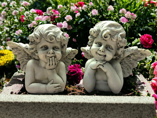 Charming Pair of Cherub Figurines, Thoughtful Angels Statues, Decorative Memorial Sculptures, Angelic Presence for Graveside and Garden-Osiris Craftworks