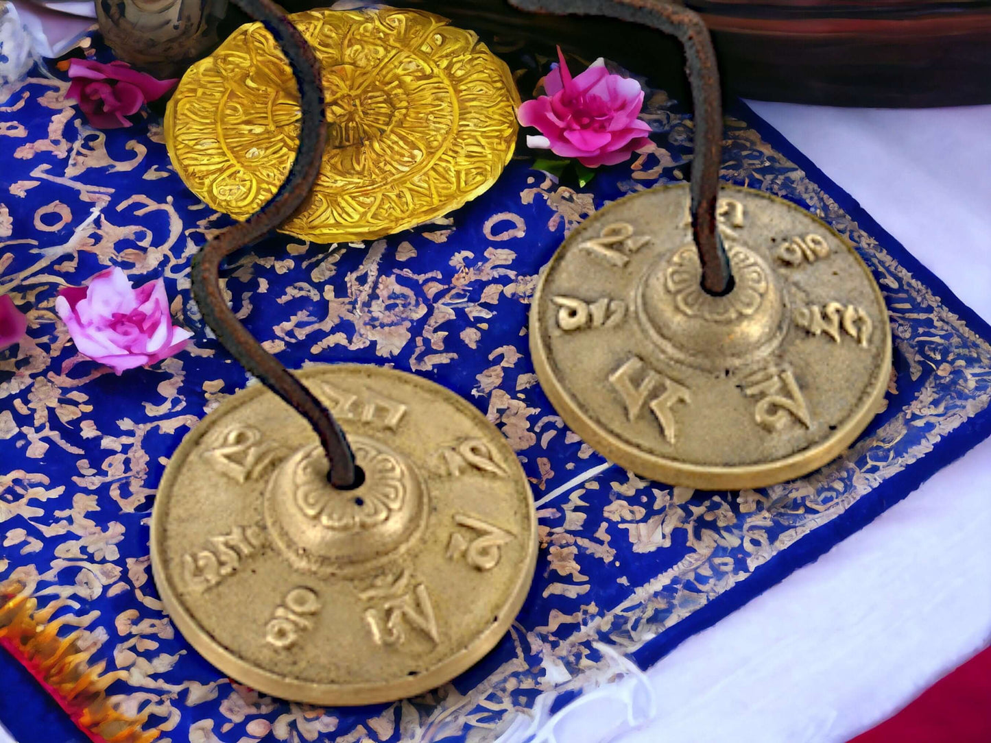 Tibetan Brass Tingshas with Traditional Symbols, Mindfulness Bells Meditation Cymbals, Spiritual Ritual Bell, Yoga Practice Enhancer-Osiris Craftworks