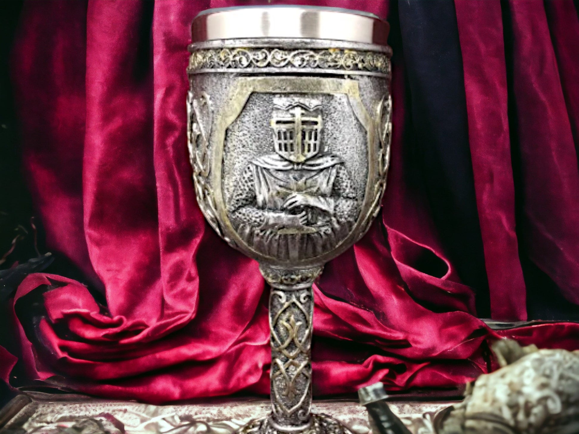 Templar Knight Silver Goblet, Medieval Crusader Chalice, Gothic Home Decor, Ornate Drinking Vessel Historical Collectible Majestic Tableware-Osiris Craftworks