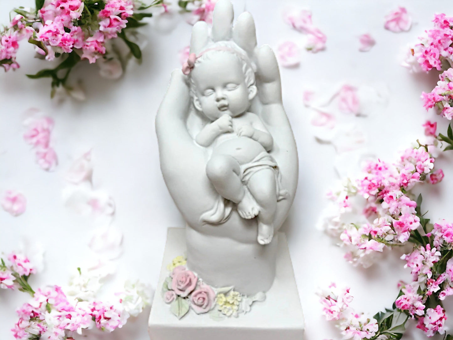 Serene Cherub Slumber in Hand Figurine, Angelic Baby Girl with Pink Roses, Peaceful Nursery Ornament, Angel Statue, Heavenly Child Keepsake-Osiris Craftworks