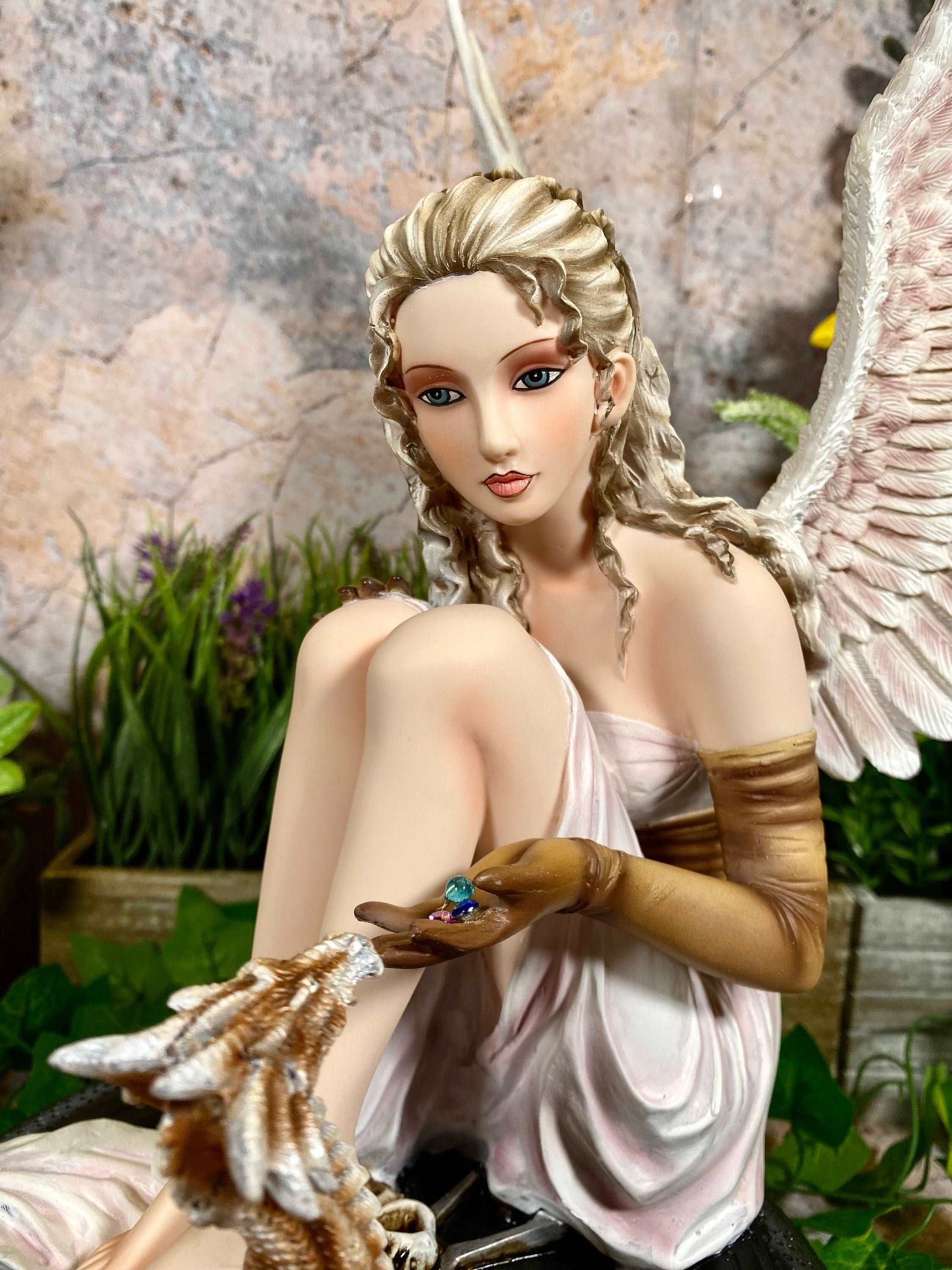 Angelic Gothic Fairy with Dragon Figurine, Mystical Statue Protector Decor, Enigmatic Sculpture, Mythical Companion Piece, Fantasy Art