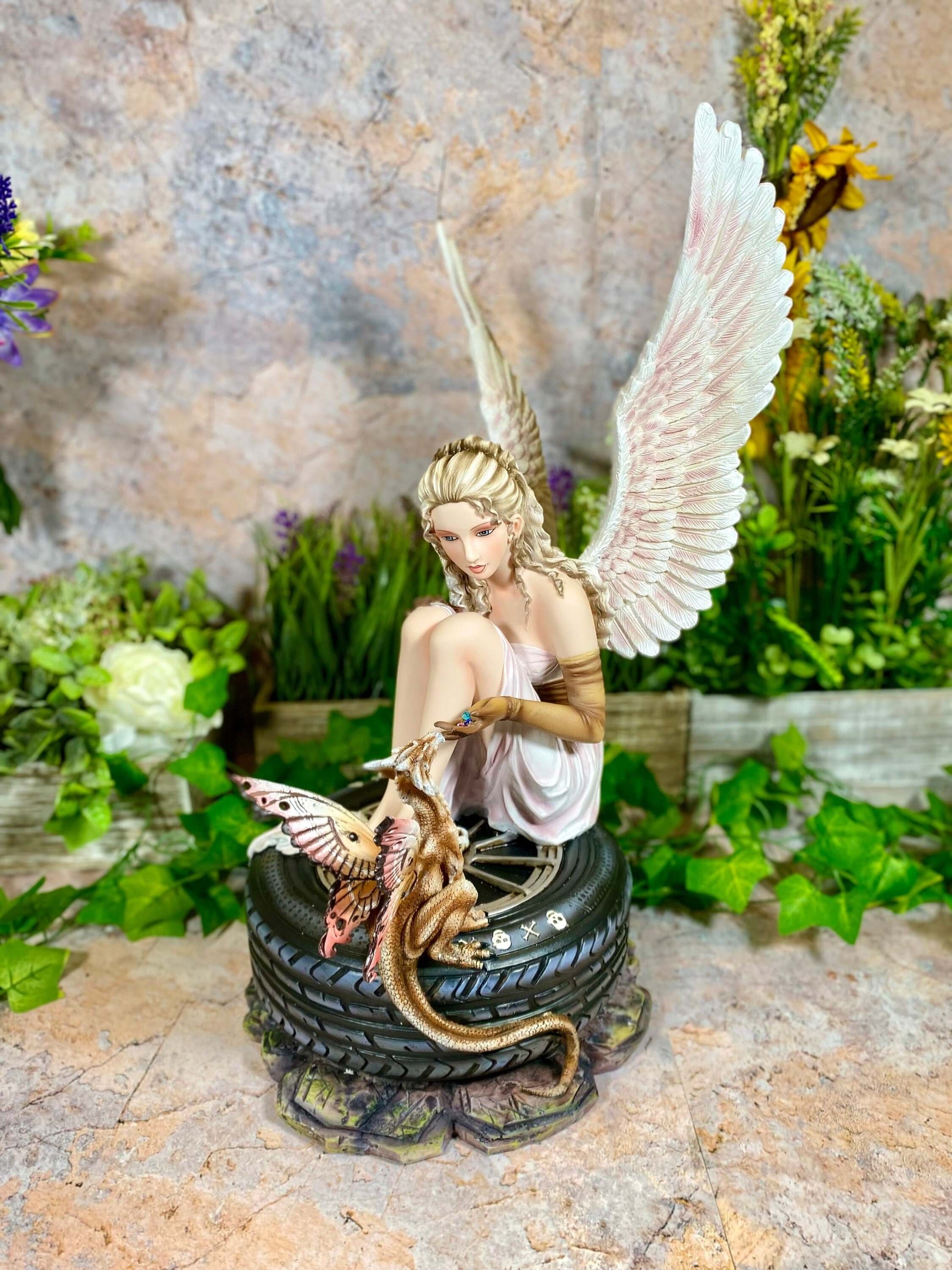 Angelic Gothic Fairy with Dragon Figurine, Mystical Statue Protector Decor, Enigmatic Sculpture, Mythical Companion Piece, Fantasy Art