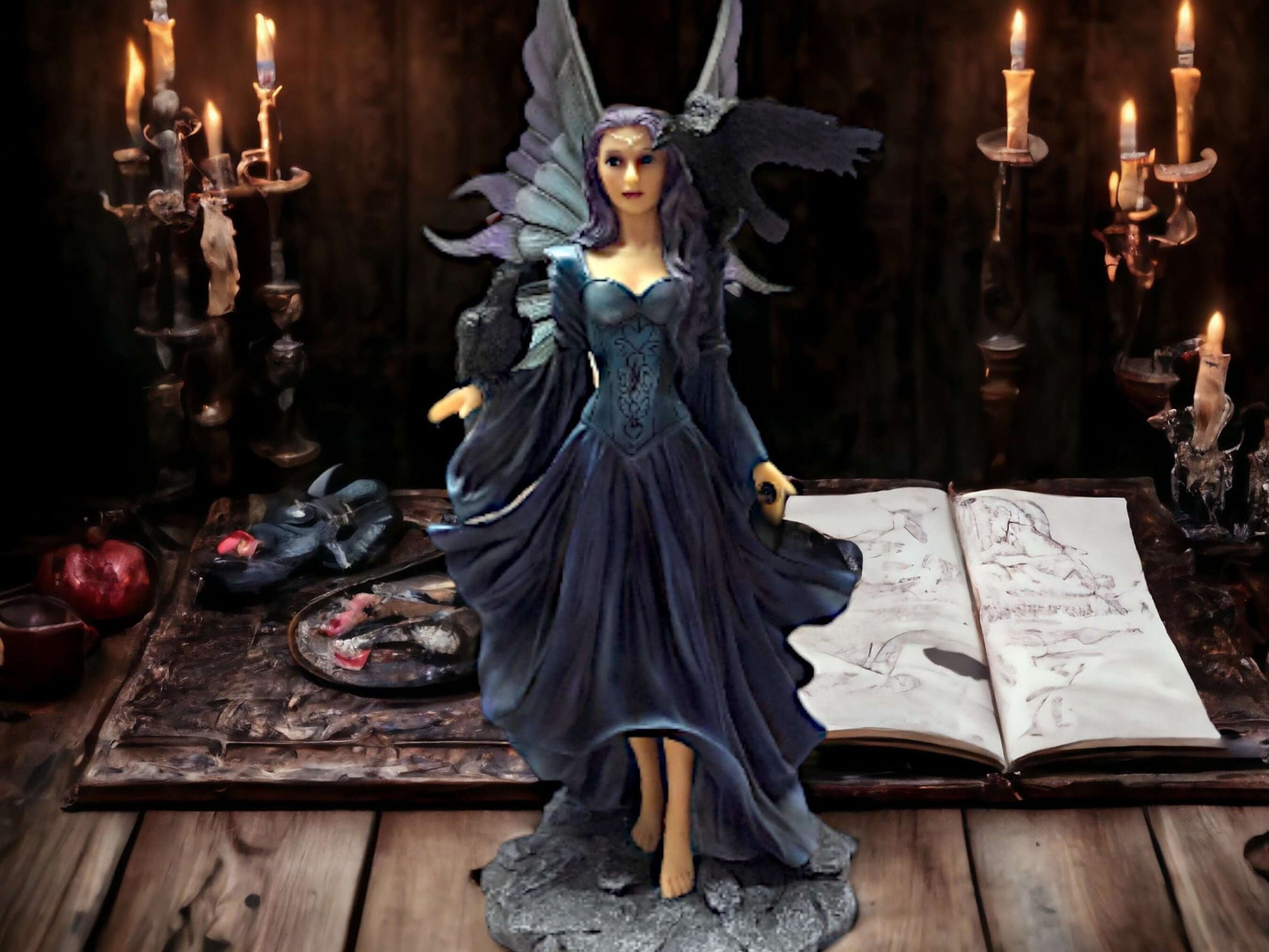 Enchanting Fairy with Ravens Statue, Mystical Gothic Companion Figurine, Fantasy Decor, Dark Elegance Figure, Mythical Creatures Ornament-Osiris Craftworks