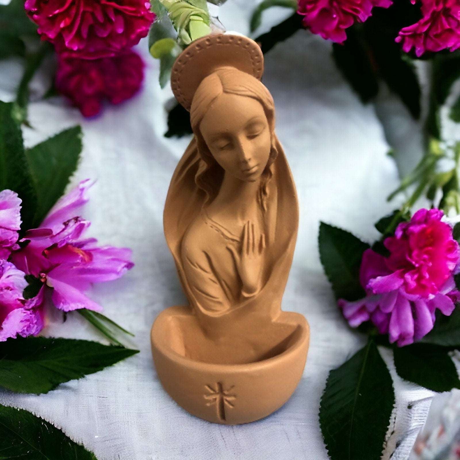 Blessed Virgin Mary Water Font Wall Plaque, Madonna Ceramic Statue Ornament, Holy Figurine, Spiritual Home Decor, Sacred Art Devotional Gift-Osiris Craftworks